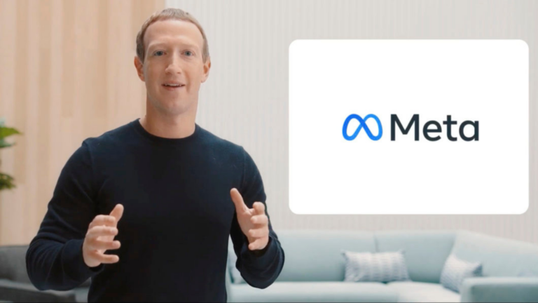 Mark Zukemberg, CEO da Meta, ao lado do símbolo da empresa.