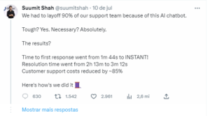 CEO da Dukaan fez post no Twitter comemorando os resultados da implantação do chatbot.