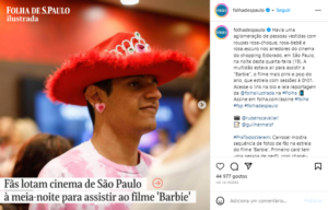 Notícia da Folha de São Paulo sobre filas para assistir o filme da Barbie