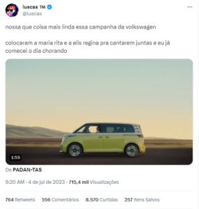 Usuário do Twitter afirma ter se emocionado com campanha da Volkswagen que reúne Maria Rita e Elis Regina, com ajuda de IA