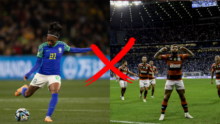 Duas imagens: uma da Copa do Mundo Feminina e de um jogo do Flamengo.