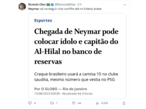 Usuário comentando sobre a ida de Neymar para o futebol árabe.