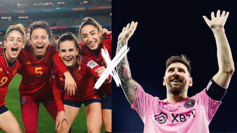 Jogadoras da Espanha na Copa Feminina. Ao lado está Lionel Messi