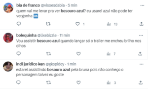 Vários tweets de pessoas afirmando que vão assistir o filme Besouro Azul no cinema