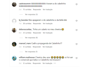 Usuarios comentando sobre comercial da Cheetos no Instagram