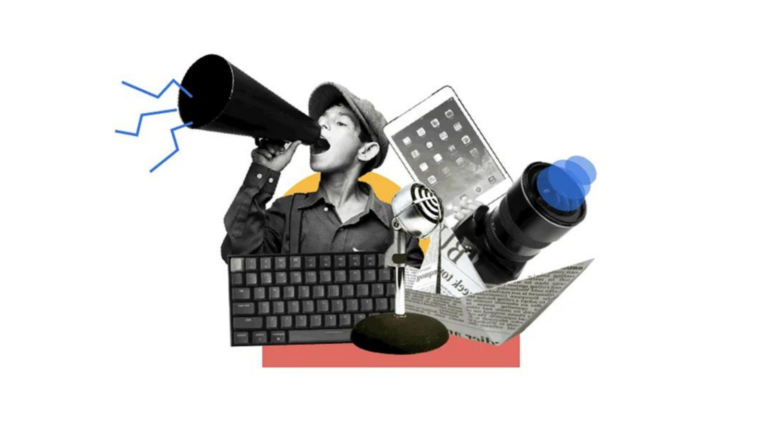 Colagem do Google Startups Lab em que uma pessoa segura Megafone, aparecem um celular, um teclado e um barco de papel.