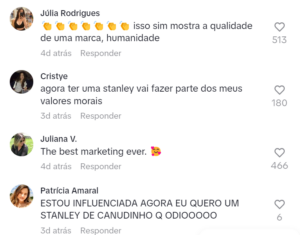 Comentários do público no TikTok da Stanley 