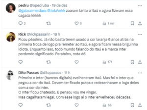 três usuários criticando a nova logo do banco inter