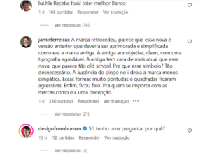 dois usuários criticando a logo e um elogiando