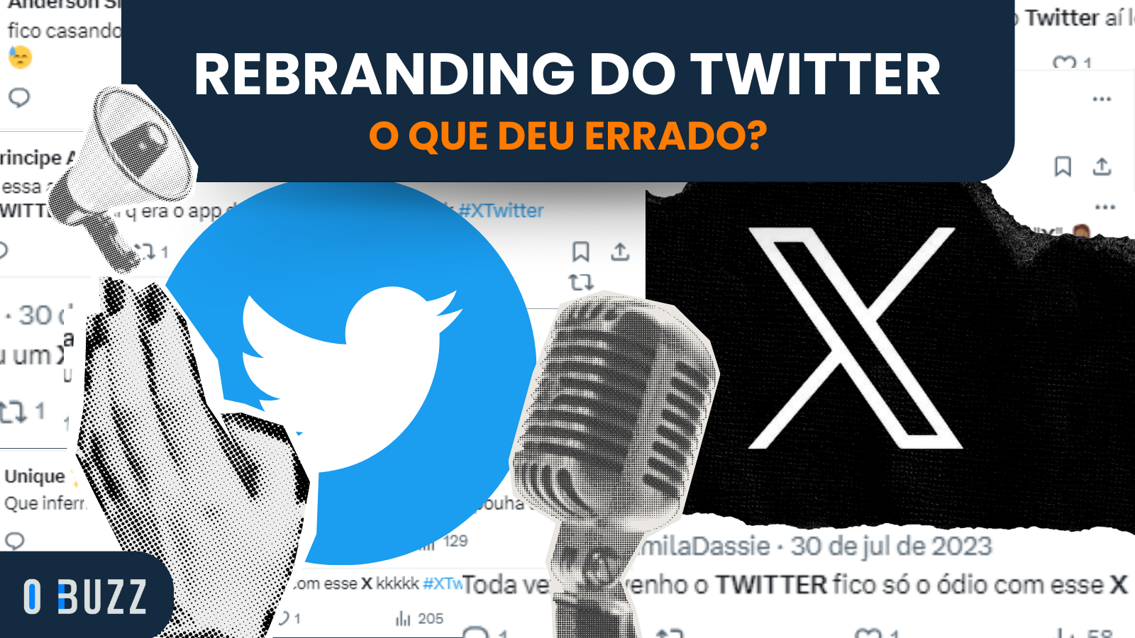 Colagem com a logo antiga do Twitter e a logo nova do X, elementos visuais e o título "Rebranding do X: o que deu errado?"