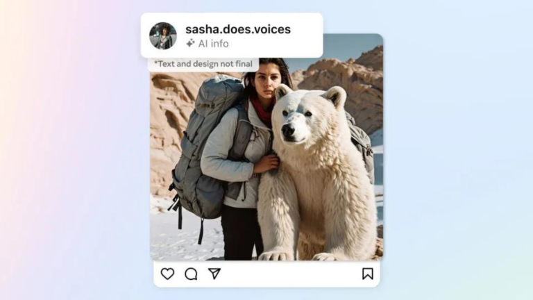 imagem do instagram, rede social da meta, em que uma mulher está ao lado de um urso. Na imagem há um identificador que foi gerada com inteligência artificial