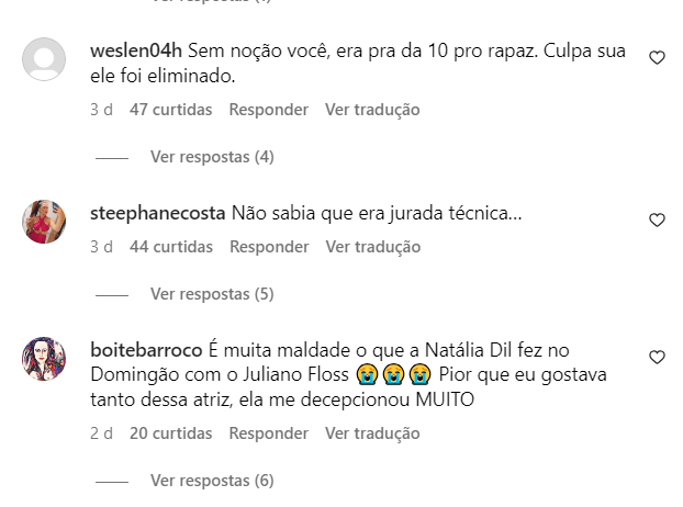 comentários no Instagram de Nathalia Dill sobre a eliminação de Juliano Floss