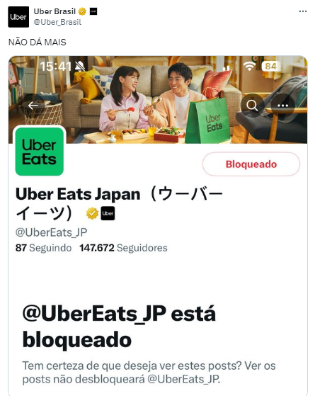 tweet do x bloqueando o uber japão