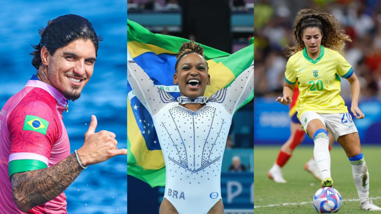 imagem dos atletas que estão participando das olimpiadas gabriel medina, rebeca andrade e jogadora de futebol